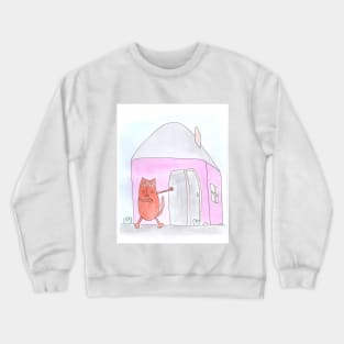 Cat points to the house. Real estate, rent, housewarming. Watercolor illustration humorous. Humor, fun design modern Crewneck Sweatshirt